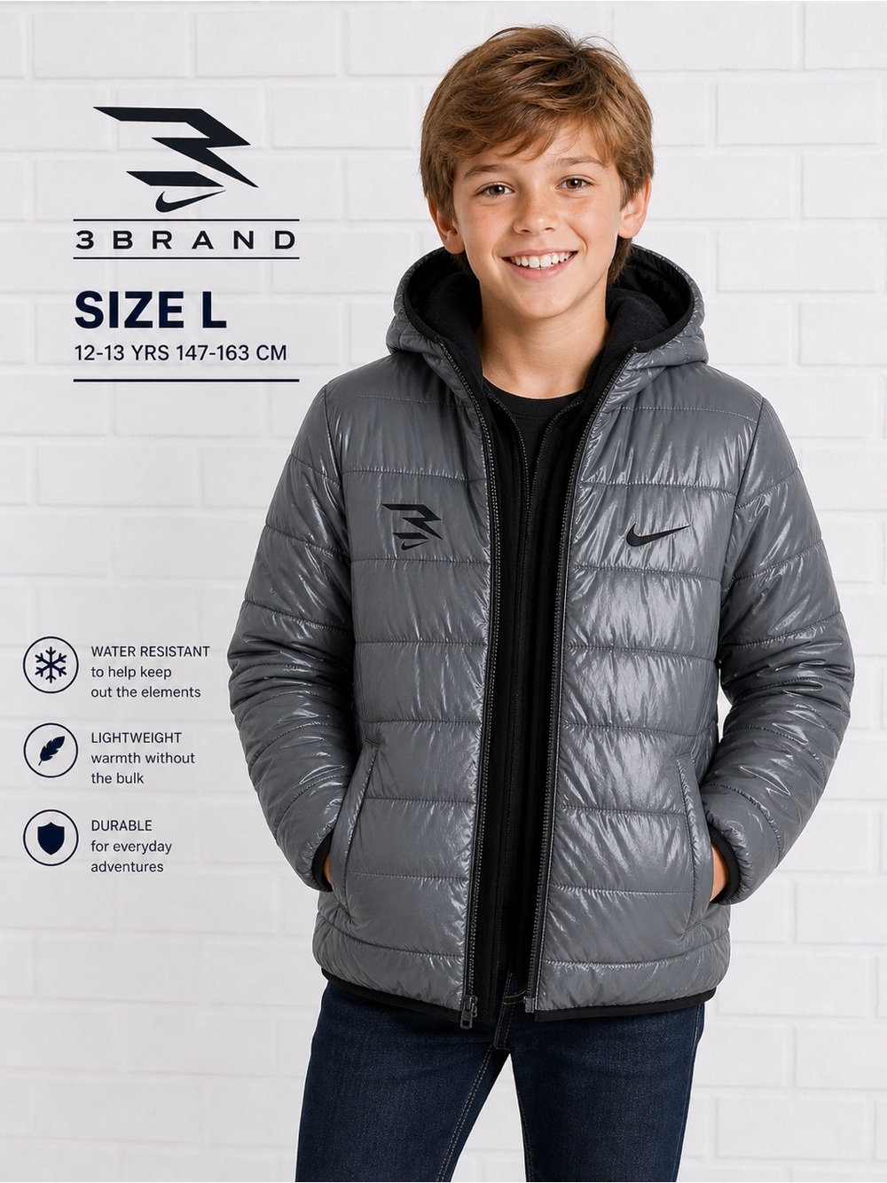 3Brand Boys Gray Puffer Jacket Size L (12–13 Yrs) Hooded